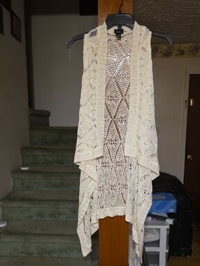 Papaya Cream Crochet Open-Front Drape Vest